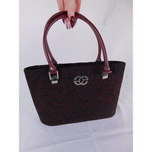 Tote Bag Womens Small Black Red Raffia Leather Glitter Zip Handbag Purse